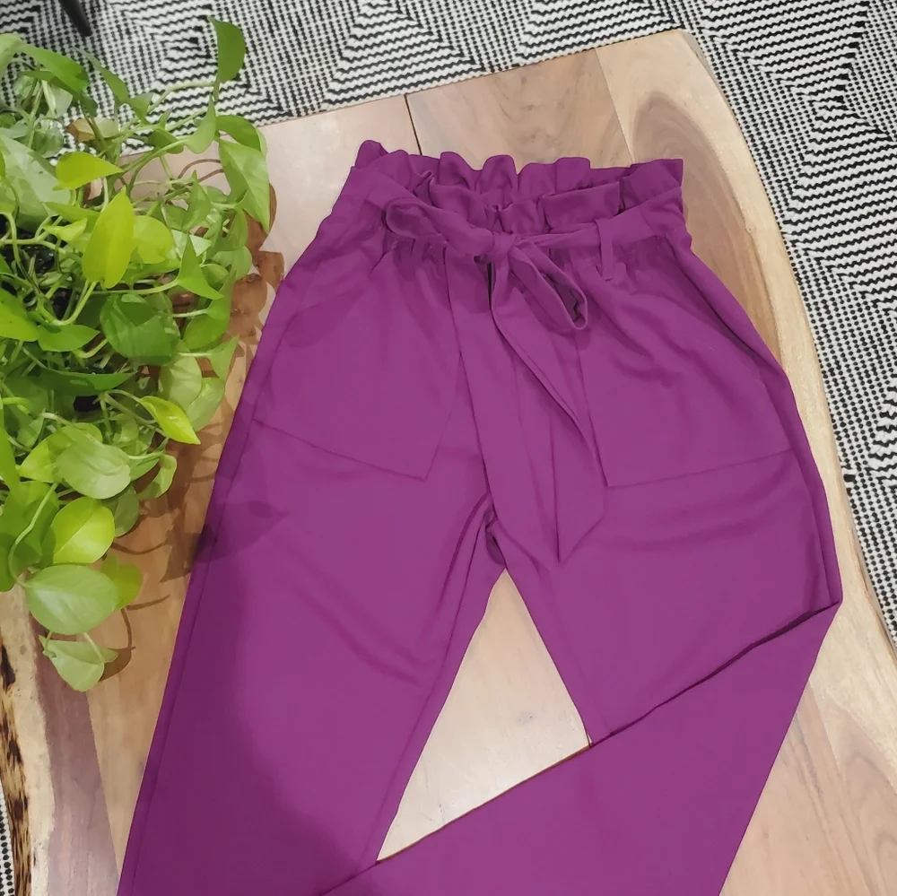 Tie Front Paperbag High Waist Tapered Trousers In Light Plum - Picture 7 of 7